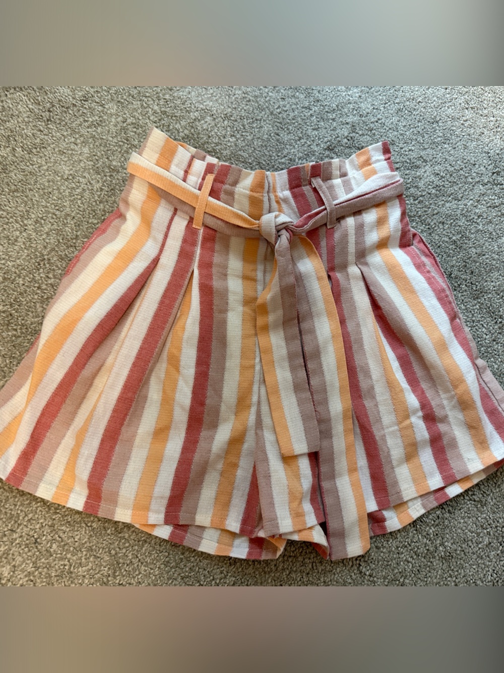 miami Striped Paperbag Waist Jean Shorts in White, Pink, and Orange